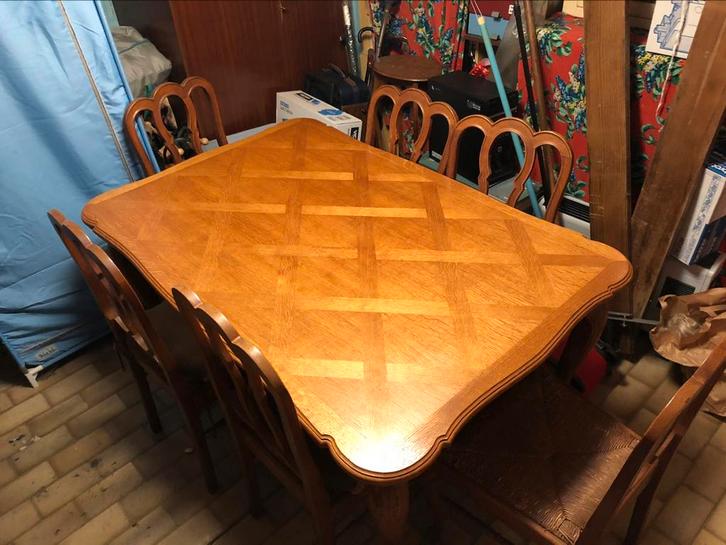 Eiken tafel + 2 verlengstukken + 6 stoelen, Antiek en Kunst, Antiek | Meubels | Tafels