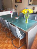 Metalen tafel met glas en 6 stoelen, Huis en Inrichting, Tafels | Eettafels, Gebruikt, Ophalen, Glas