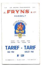 Hasselt-Jenever-Fryns-Tarief-Brochure-Juli 1961, Enlèvement ou Envoi, Utilisé, Autres types