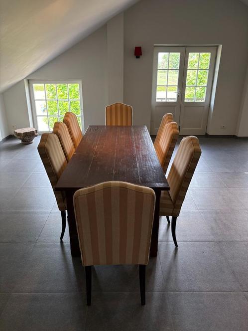 Massieve eettafel met 8 stoelen – 220 x 90 x 77,5 cm, Huis en Inrichting, Tafels | Eettafels, Gebruikt, 50 tot 100 cm, 200 cm of meer
