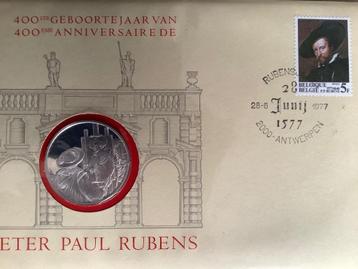 Zilveren penning en postzegel 400ste verjaardag Paul Rubens