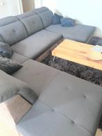 Blauw/bruine hoekzetel met slaapfunctie, 150 cm ou plus, Quatre personnes ou plus, Stoffen zetel licht ruw, Comme neuf