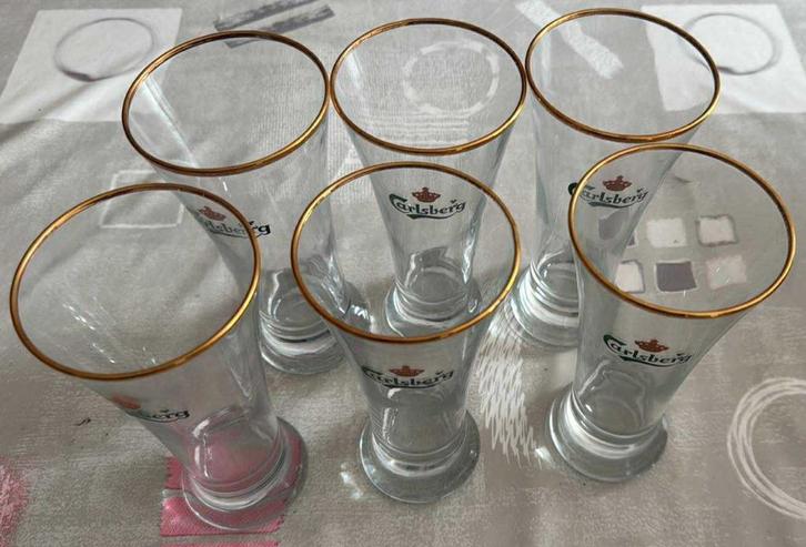 6 verres à bière Carlsberg 33cl, logo vert, bordure dorée, Verzamelen, Glas en Drinkglazen, Zo goed als nieuw, Bierglas, Ophalen