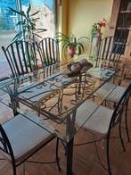 Prachtige smeedijzeren tafel +6 stoelen met kussens, Ophalen, Gebruikt, 4 tot 6 stoelen