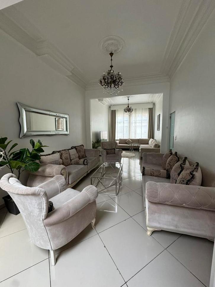 Zetelset – 2x driezits + 2 losse stoelen, Huis en Inrichting, Stoelen, Gebruikt, Vier, Stof, Bruin, Ophalen