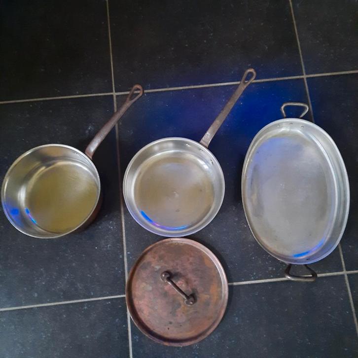 Koperen pannen ( lage pan , hogere pan en vispan ) ., Huis en Inrichting, Keuken | Potten en Pannen, Gebruikt, Pannenset, Overige materialen
