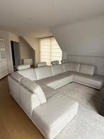Stijlvolle grijs-beige lederen U-zetel in topstaat, Ophalen, Tijdloos Modern, Leer, Zo goed als nieuw