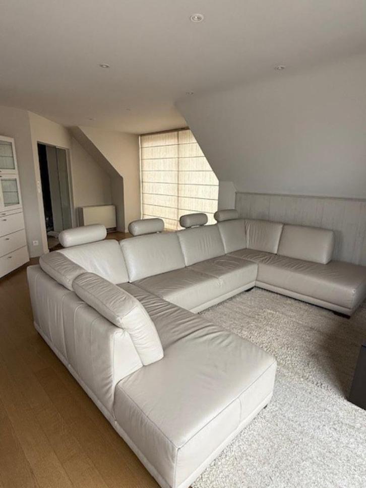 Stijlvolle grijs-beige lederen U-zetel in topstaat, Huis en Inrichting, Zetels | Complete zithoeken, Zo goed als nieuw, Leer, Ophalen