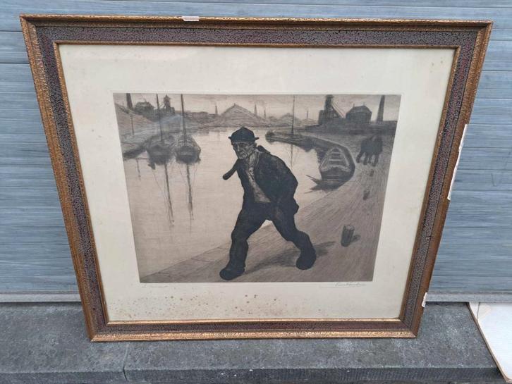 eau forte le mineur signe pierre paulus, Antiek en Kunst, Kunst | Etsen en Gravures, Ophalen of Verzenden