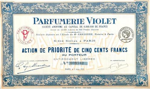 Parfumerie Violet(Hofleverancier Keizerin van Frankrijk)1922, Postzegels en Munten, Aandelen en Waardepapieren, Aandeel, 1920 tot 1950