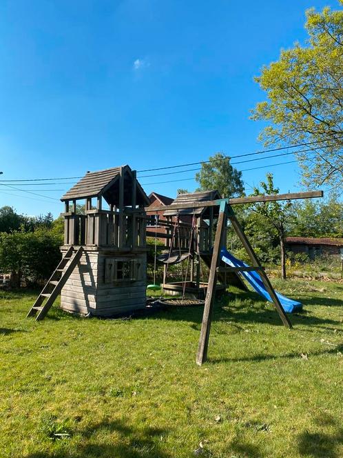 Hout speeltuig met 5 schommels, Kinderen en Baby's, Speelgoed | Buiten | Speeltoestellen, Gebruikt, Glijbaan, Klimtouw, Klimwand