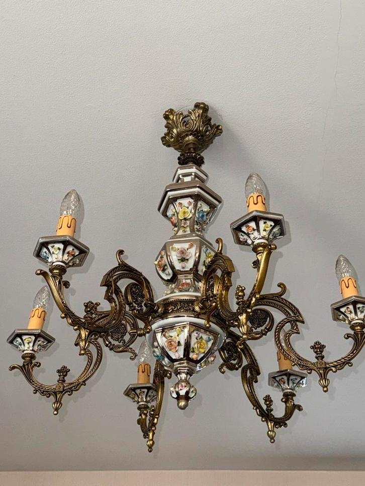 Antieke Barok Kroonluchter met Porseleinen Bloemen, Huis en Inrichting, Lampen | Kroonluchters, Zo goed als nieuw, Ophalen
