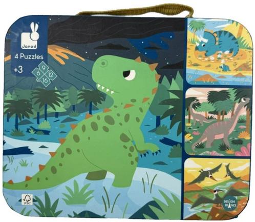 Janod Puzzel 4 Dinosaurus Puzzels 6-9-12 en 16 Stukjes, Kinderen en Baby's, Speelgoed | Kinderpuzzels, Zo goed als nieuw, Verzenden