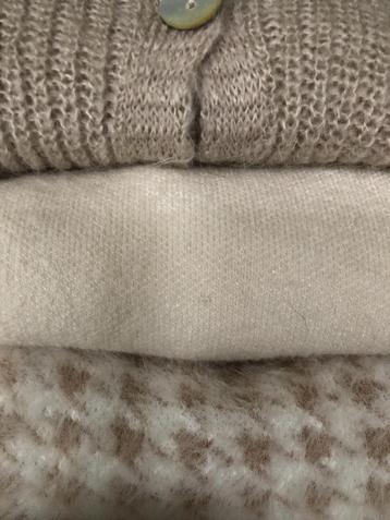 Beige pulls of cardigan, op een kleedje, broek of rok beschikbaar voor biedingen