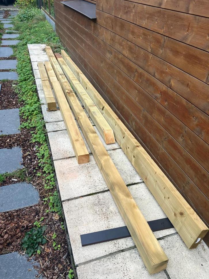 houten balken 9x9 cm en 5x15 cm, Tuin en Terras, Palen, Balken en Planken, Zo goed als nieuw, Balken, Ophalen