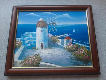 Peinture à l'huile sur le moulin de Santorin — côte grecque, Enlèvement ou Envoi