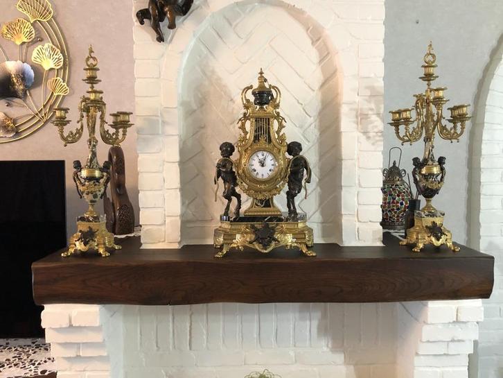 schouwgarnituur in verguld metaal, Antiek en Kunst, Curiosa en Brocante, Ophalen