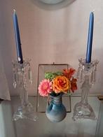 2 antieke kandelaars in glas met pegels pampilles, Ophalen of Verzenden, Glas