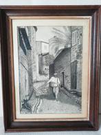 Houtskooltekening of ets  uit 1956. straatje  id provence, Antiek en Kunst, Ophalen of Verzenden