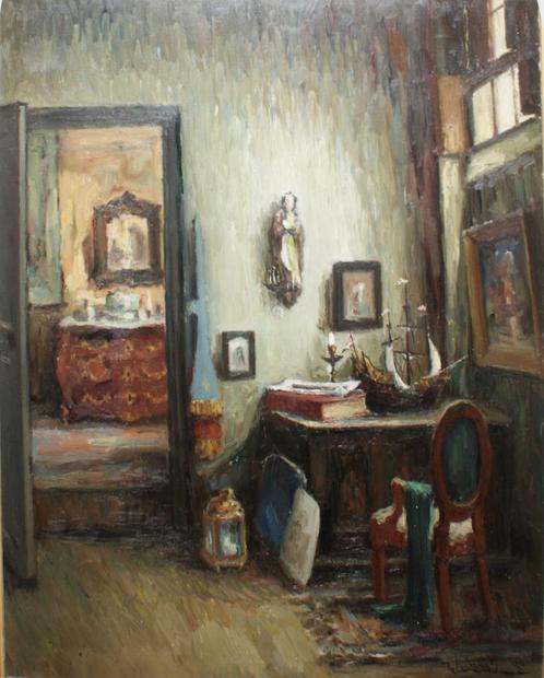 Richard Leutenez (1884-1960): Interieur (O/D, 105 x 120 cm), Antiquités & Art, Art | Peinture | Classique, Enlèvement