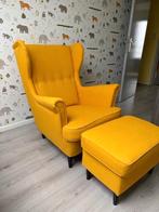 Strandmon fauteuil + voetenbank geel, Ophalen, Zo goed als nieuw, 75 tot 100 cm, Hout