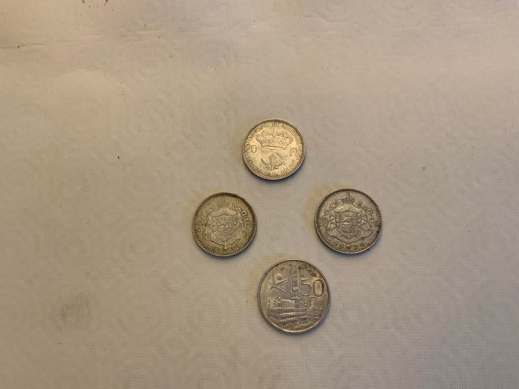 SET VAN 4 BELGISCH ZILVEREN MUNTEN VAN 20 EN 50 FR, Ophalen of Verzenden, Zilver