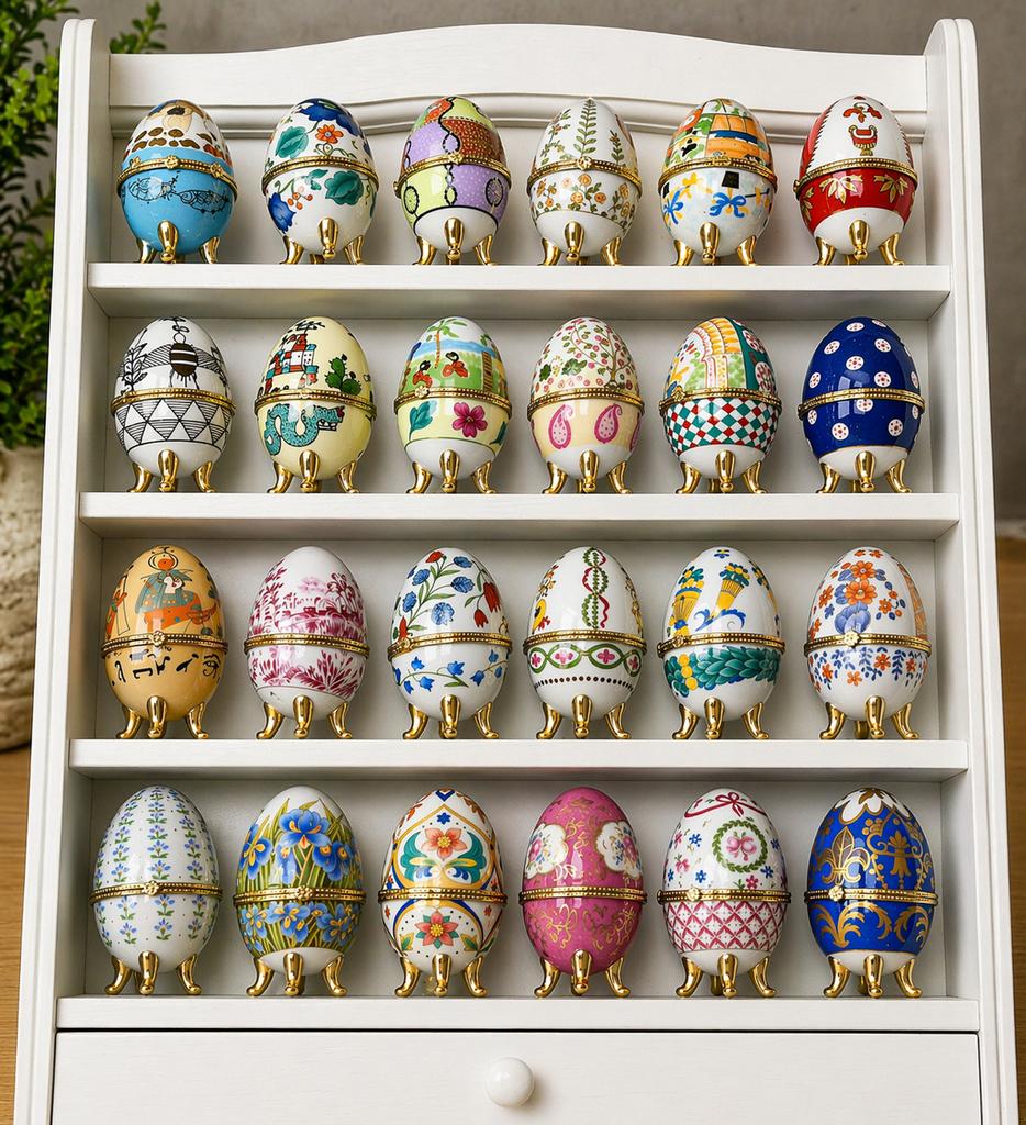 Decoratieve eiercollectie in Fabergé-stijl + display, Antiek en Kunst, Antiek | Porselein, Ophalen