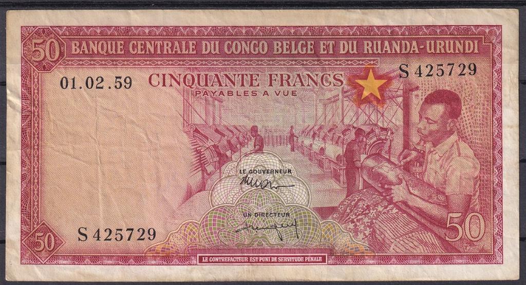 Belgisch Congo - Ruanda-Urundi 50 fr 1959 VF, Ophalen of Verzenden, Overige landen, Los biljet