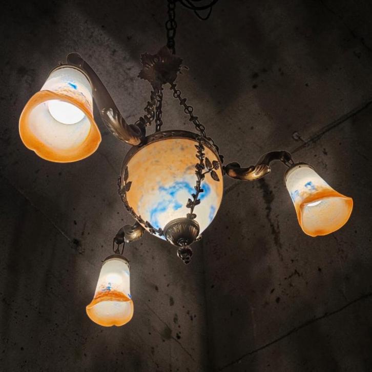 Lustre suspension Vintage Art Nouveau Noverdy France 1930's, Maison & Meubles, Lampes | Spots, Verre, LED, Enlèvement