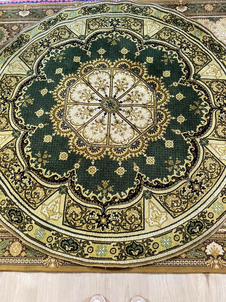 Rond groen-beige tapijt diameter 2m, Ophalen, Gebruikt, Beige, 150 tot 200 cm