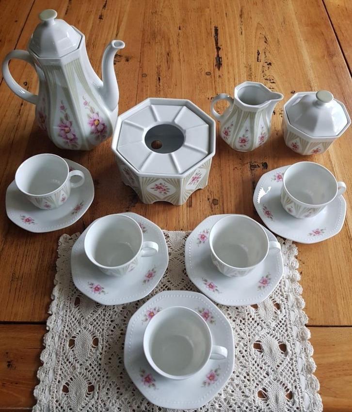 Vintage koffie servies, roze bloemen, Schirnding, Bavaria, Huis en Inrichting, Keuken | Servies, Nieuw, Overige stijlen, Porselein