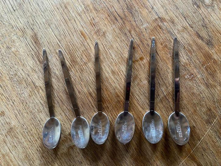 Kimbo Caffè 6 petites cuillères à café en acier Vintage, Maison & Meubles, Cuisine | Couverts, Utilisé, Ensemble de couverts, Inox ou Chrome