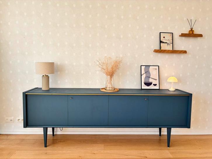 Très grande enfilade bleu paon – style mid-century, Huis en Inrichting, Kasten | Dressoirs, Gebruikt, 200 cm of meer, Ophalen