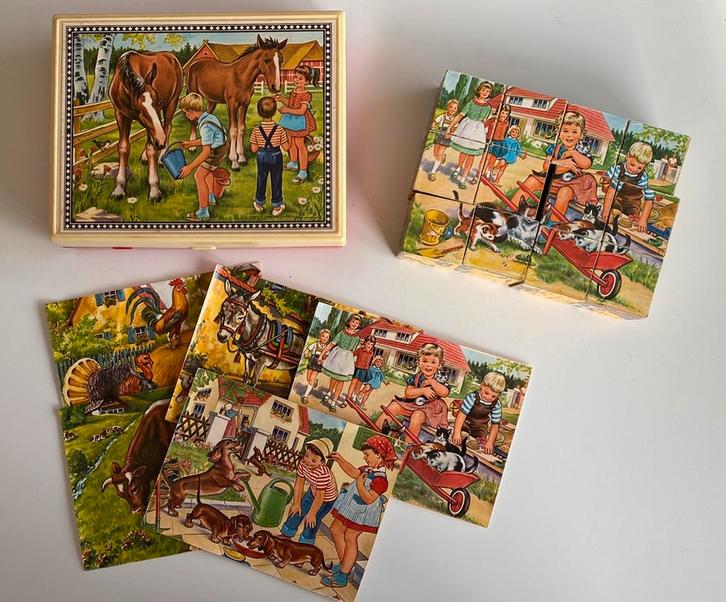 Vintage kubuspuzzel uit de jaren 50 onbekend merk, Hobby en Vrije tijd, Denksport en Puzzels, Zo goed als nieuw, Legpuzzel, Minder dan 500 stukjes