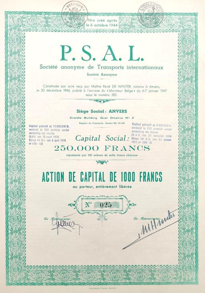 S.A. de Transports Internationaux P.S.A.L. 1947, Postzegels en Munten, Aandelen en Waardepapieren, Aandeel, 1920 tot 1950, Ophalen of Verzenden