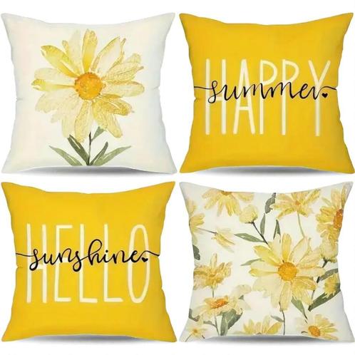 Set van 4 kussenhoezen mosterdgeel bloem en tekst 40x40cm, Huis en Inrichting, Woonaccessoires | Kussens, Nieuw, Geel, Vierkant
