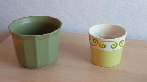 2 vintage groene cachepots (keramiek), Jardin & Terrasse, Pots de fleurs, Comme neuf, Moins de 40 cm, Moins de 25 cm, Enlèvement ou Envoi