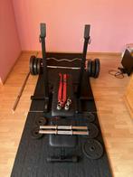 Fitness set Benchpress, Barbell, Curlbar, Dumbell, Gewichten, Ophalen, Gebruikt, Benen, Halterschijven