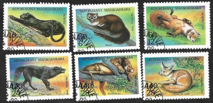 6 Postzegels Madagaskar 1994 Roofdieren, Postzegels en Munten, Postzegels | Thematische zegels, Gestempeld, Dier of Natuur, Ophalen of Verzenden