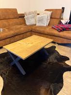Eiken salontafel met X onderstel in cortenstaal, Huis en Inrichting, Tafels | Salontafels, Ophalen, 50 tot 100 cm, Eikenhout, 50 tot 100 cm