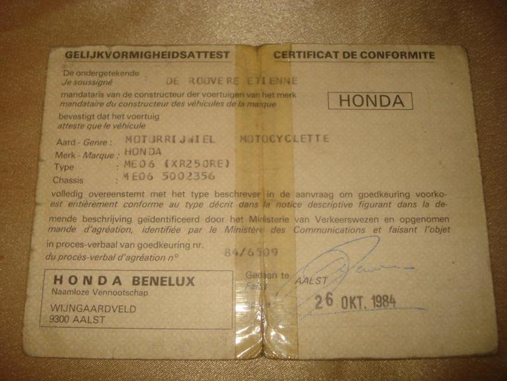 Ancien Certificat Conformité Moto Honda XR-250 RE 1984, Motoren, Handleidingen en Instructieboekjes, Honda, Ophalen of Verzenden