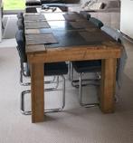 Rechthoek tafel van steigerhout met 6 stoelen, 200 cm of meer, 100 tot 150 cm, Gebruikt, Overige houtsoorten