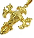 Fleur-de-lis skull kruis hanger in verguld chirurgisch staal, Ophalen of Verzenden, Nieuw, Goud, Overige materialen