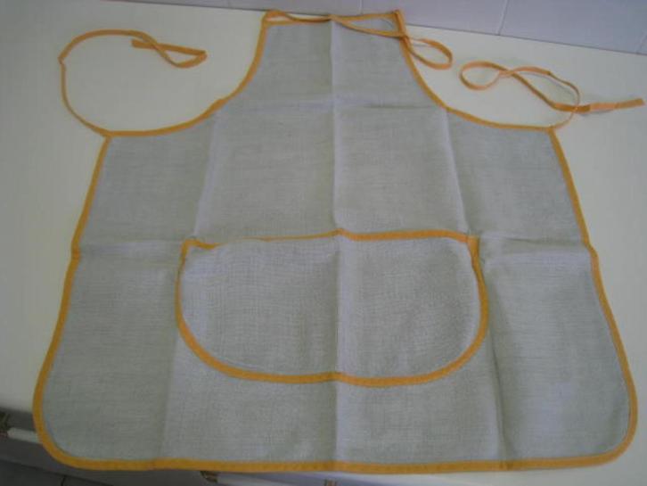 Vintage jaren 60 keukenschort, grijs met oranje afgeboord., Huis en Inrichting, Keuken | Textiel, Grijs, Ophalen