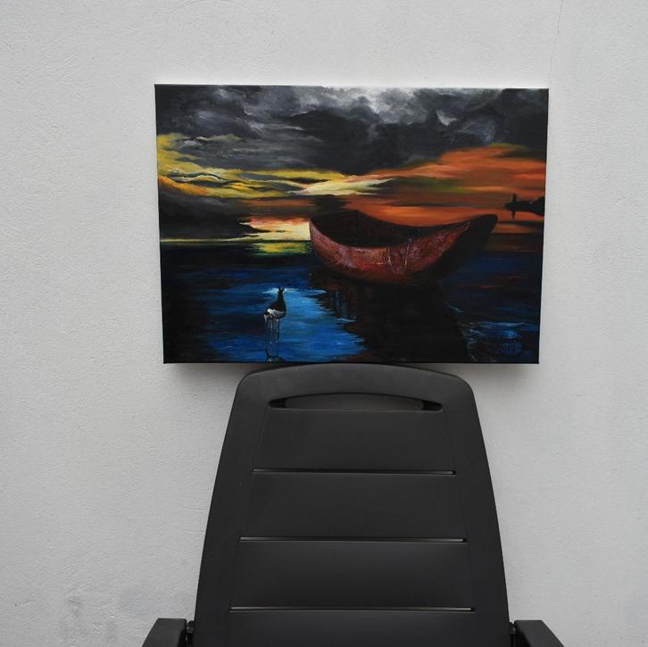 Kajak en vogel bij zonsondergang, door joky kamo, Antiek en Kunst, Kunst | Schilderijen | Klassiek, Ophalen