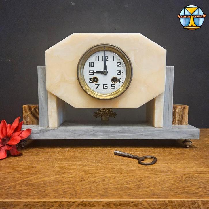Antieke marmeren Art Deco pendule mantelklok (werkend), Antiek en Kunst, Antiek | Klokken, Ophalen of Verzenden