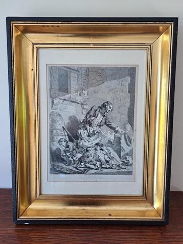 Greuze – Les Fermiers Brûlés – Gravure originale 18e Siècle, Enlèvement