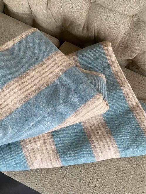 Vintage wol deken zandbeige en lichtblauw, Maison & Meubles, Accessoires pour la Maison | Plaids & Couvertures, Enlèvement ou Envoi