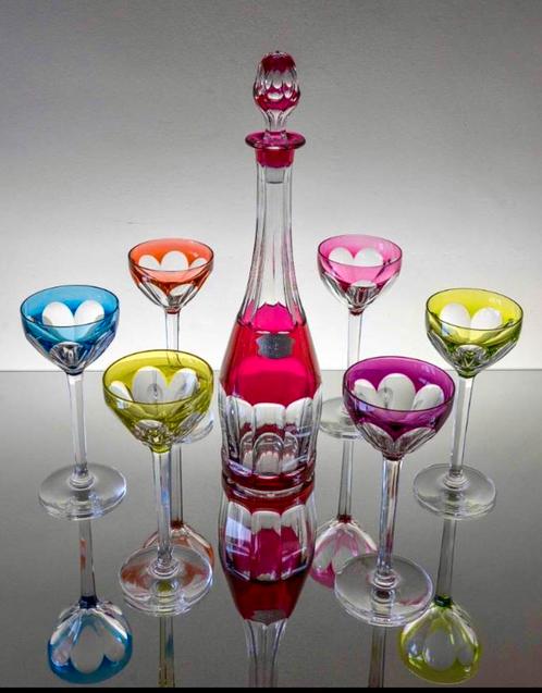 Val Saint Lambert 6 gekleurde glazen en karaf model Osram, Antiek en Kunst, Antiek | Glaswerk en Kristal, Ophalen