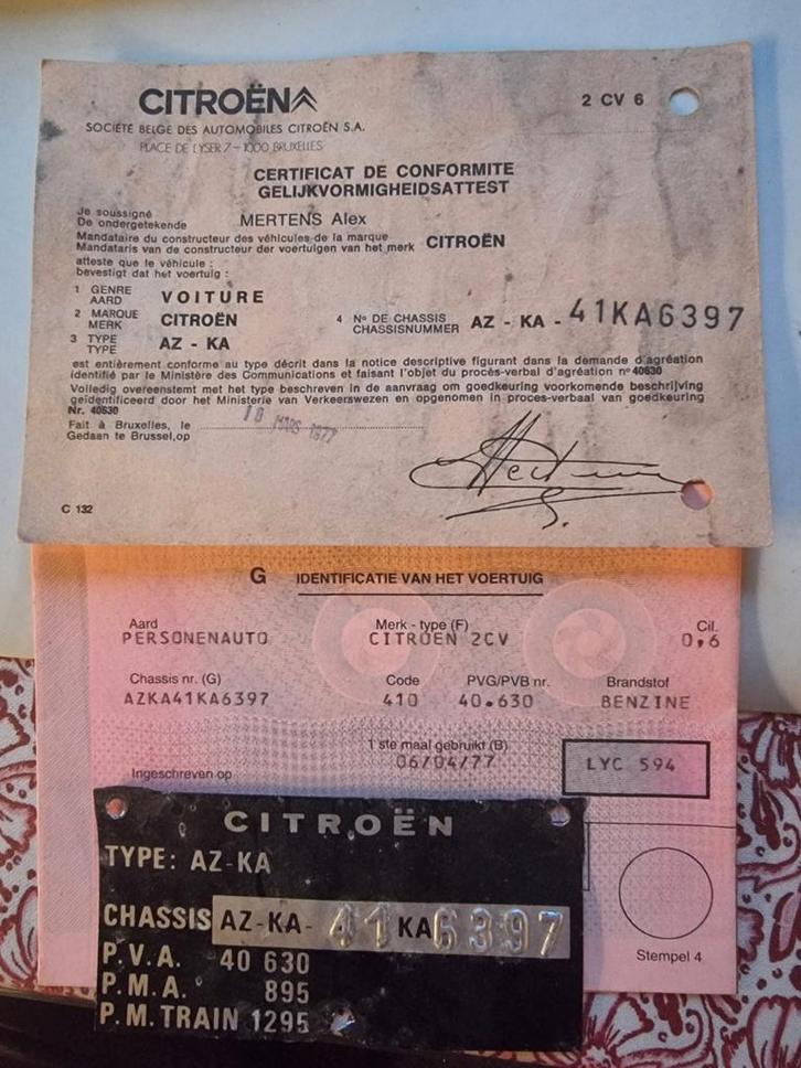 Citroën 2PK6 Certificat d'immatriculation avec plaque d'iden, Autos, Oldtimers & Ancêtres, Particulier, Citroën, Essence, 4 portes